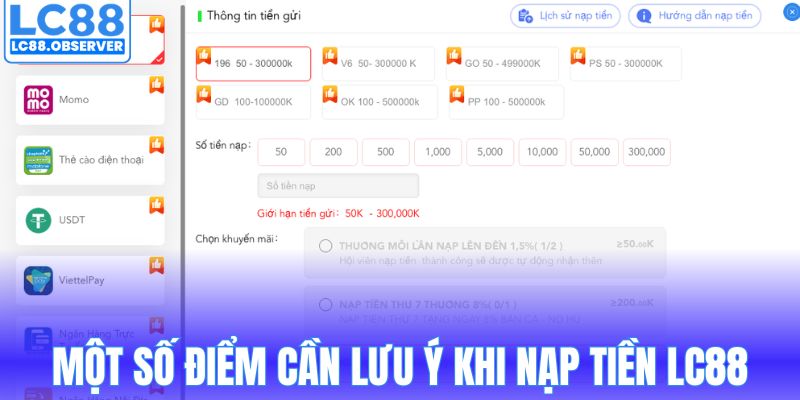 Một số điểm cần lưu ý khi nạp tiền LC88