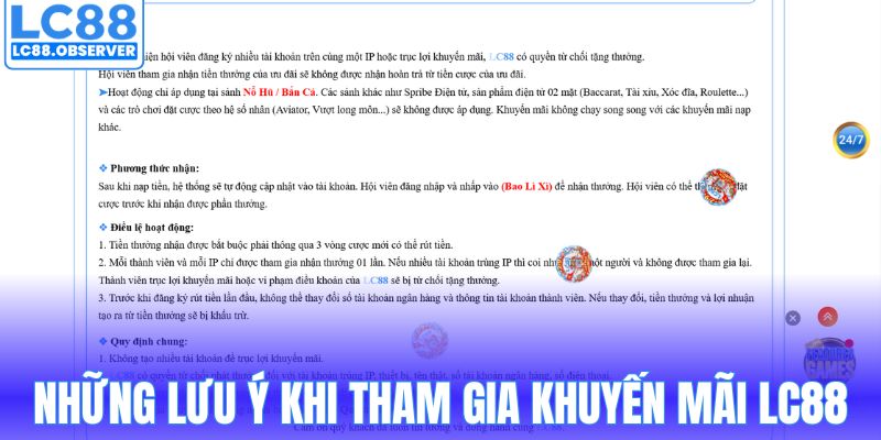 Những lưu ý khi tham gia khuyến mãi LC88